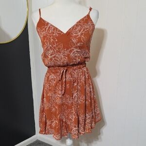Trixxi Rust Floral Spaghetti-Strap Tie-Waist Mini Dress